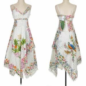 FARM RIO Delicate Forest Scarves Midi Dress Eyelet Lace Asymmetric Size XS